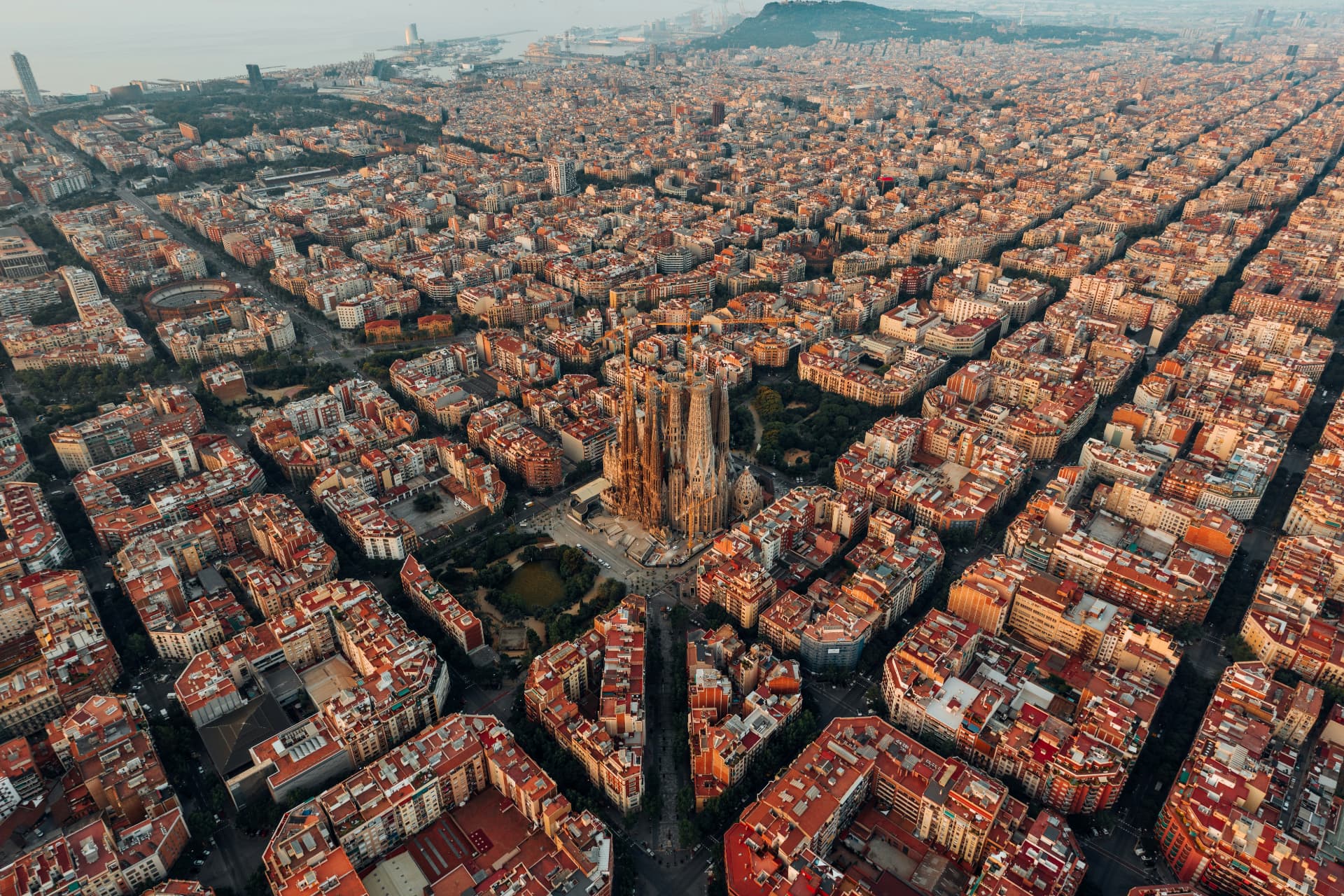 Aerial view of Barcelona's Eixample grid and the Sagrada Família